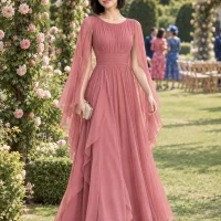Arbor Cape-Sleeve Maxi Dress, worn at a wedding