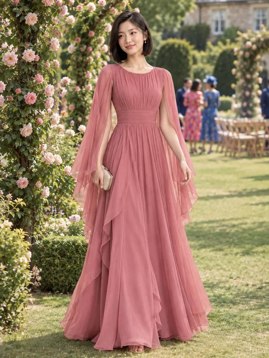 Arbor Cape-Sleeve Maxi Dress, worn at a wedding
