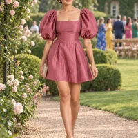 Briar Balloon-Sleeve Mini Dress, worn at a wedding