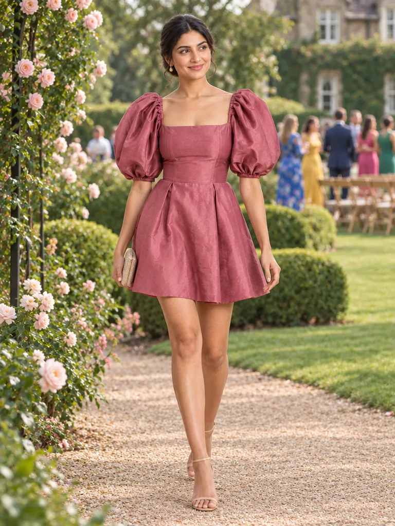 Briar Balloon-Sleeve Mini Dress, worn at a wedding