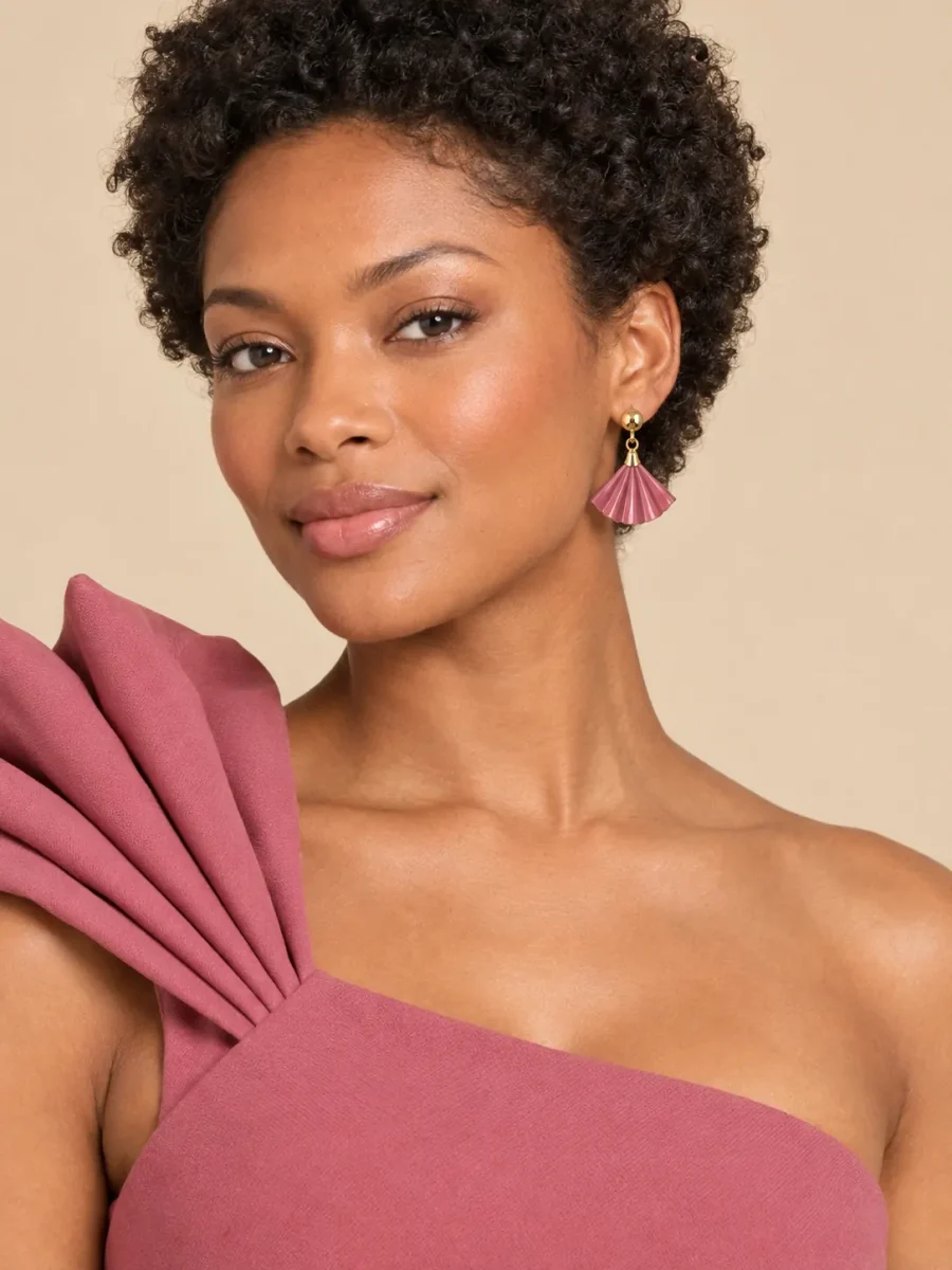 Fan Drop Earrings · Rosewood, worn with a matching dress (dress sold separately)