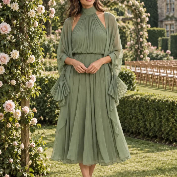 Fan-Edge Chiffon Wrap · Sage, worn with a matching dress (dress sold separately)