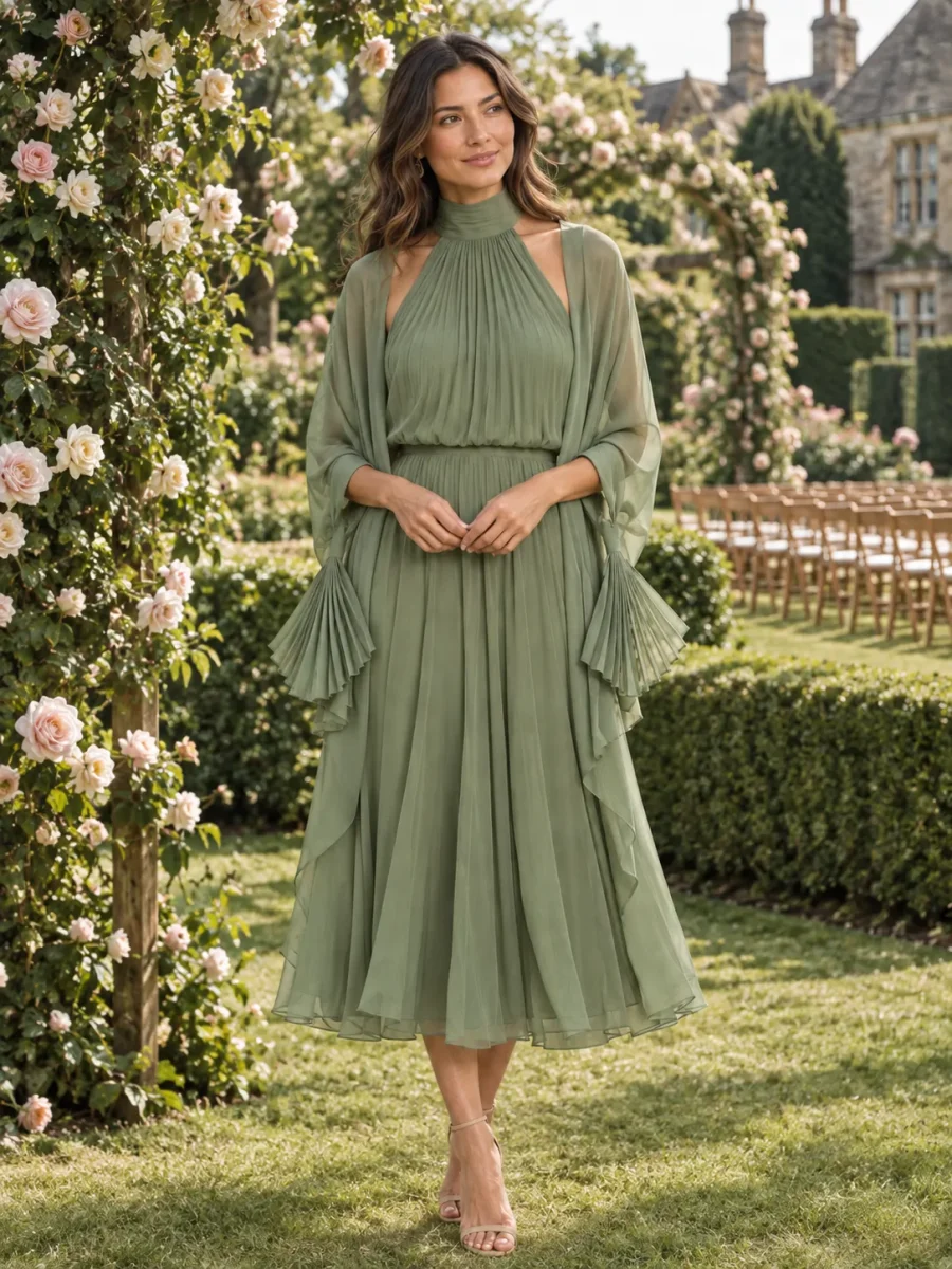 Fan-Edge Chiffon Wrap · Sage, worn with a matching dress (dress sold separately)