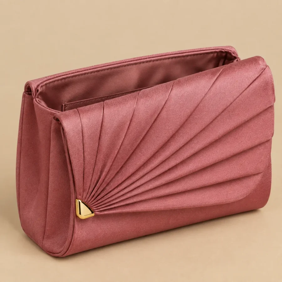 Fan Fold Satin Clutch · Rosewood, close-up of the detail