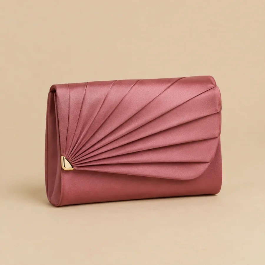 Fan Fold Satin Clutch · Rosewood, studio photo