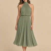 Fern Pleated Halter Midi Dress, front view