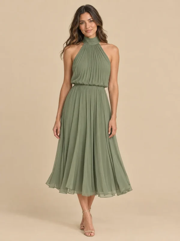 Fern Pleated Halter Midi Dress, front view