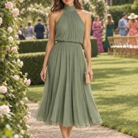 Fern Pleated Halter Midi Dress, worn at a wedding
