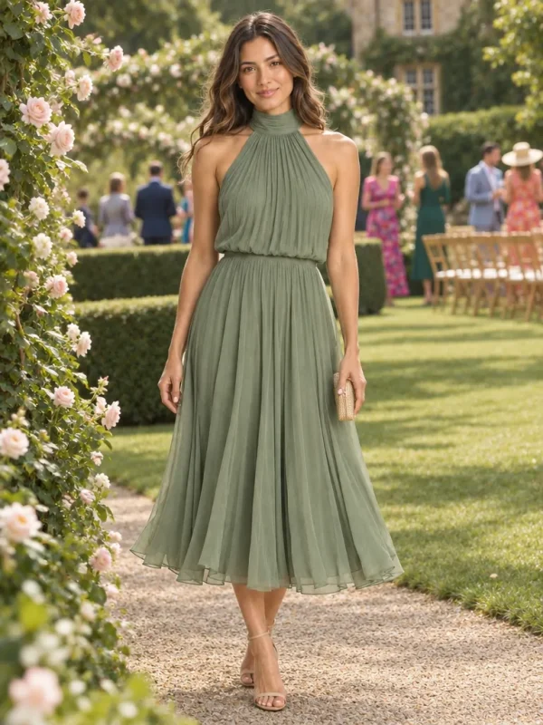 Fern Pleated Halter Midi Dress, worn at a wedding