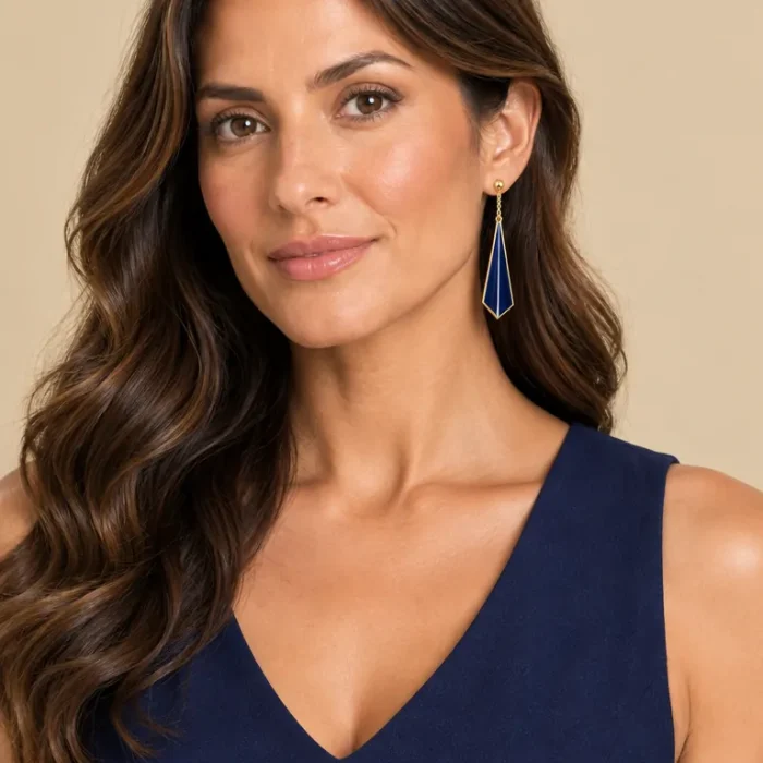 Fold Drop Earrings · Midnight, worn with a matching dress (dress sold separately)
