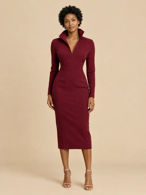 Gallery Sculpted-Collar Midi Dress, front view
