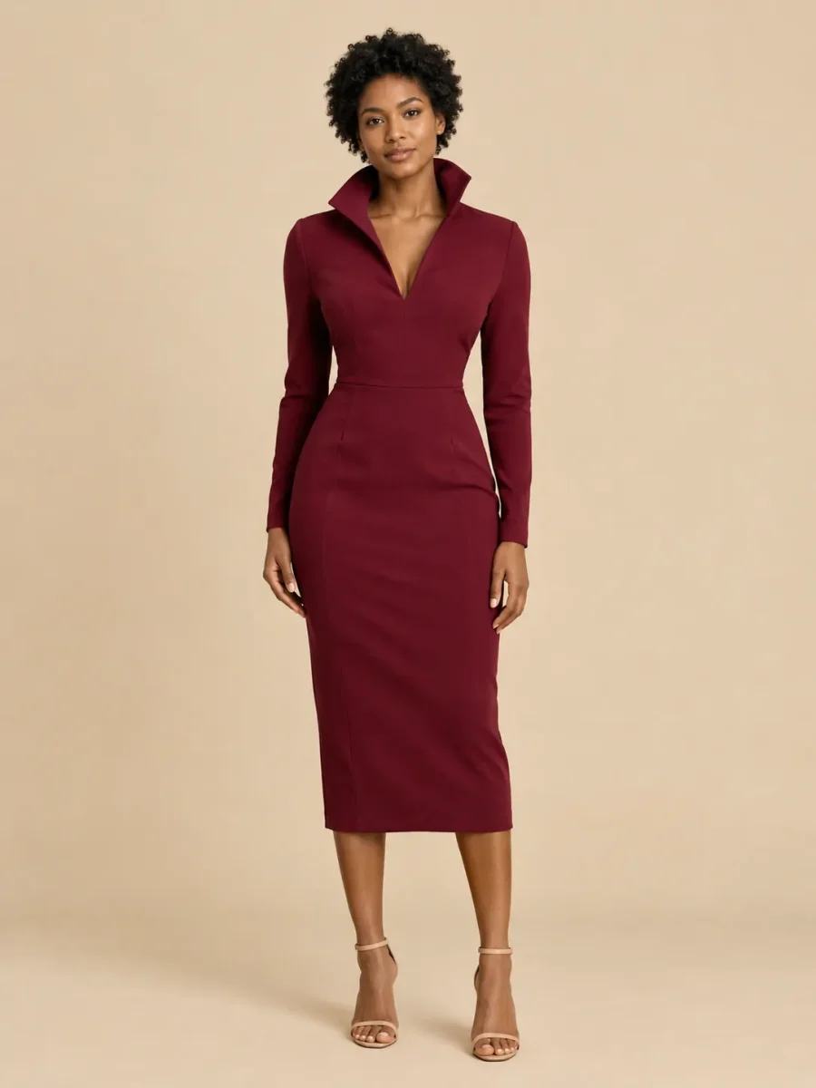Gallery Sculpted-Collar Midi Dress, front view