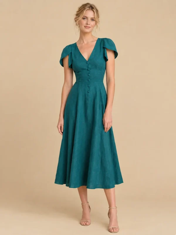 Harbour Petal-Sleeve Midi Dress, front view