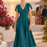 Harbour Petal-Sleeve Midi Dress, worn at a wedding