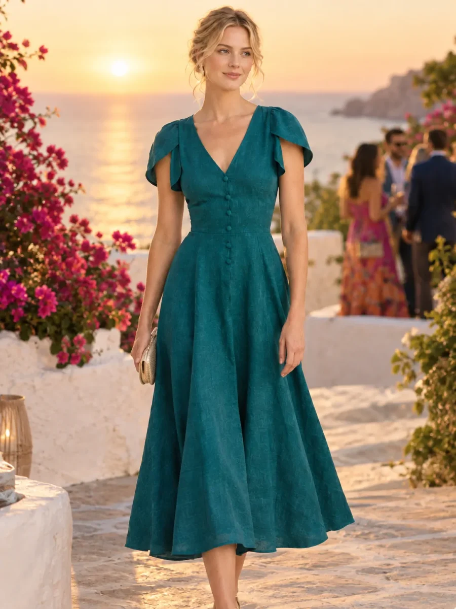 Harbour Petal-Sleeve Midi Dress, worn at a wedding