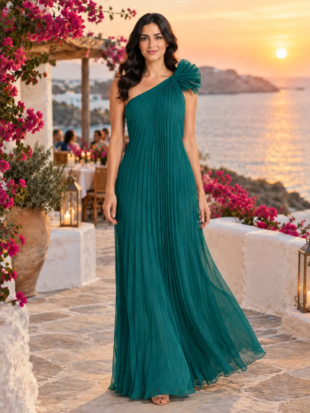 Current Plissiertes One-Shoulder-Maxikleid bei einer Strand-Hochzeit getragen