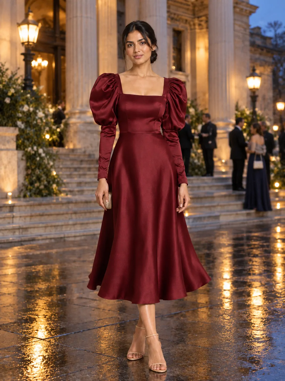 Opera Gigotärmel-Midikleid bei einer Stadt-Hochzeit getragen