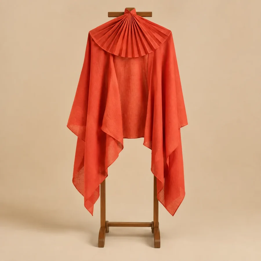 Linen-Blend Fan Wrap · Coral, studio photo