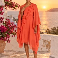 Linen-Blend Fan Wrap · Coral, worn with a matching dress (dress sold separately)