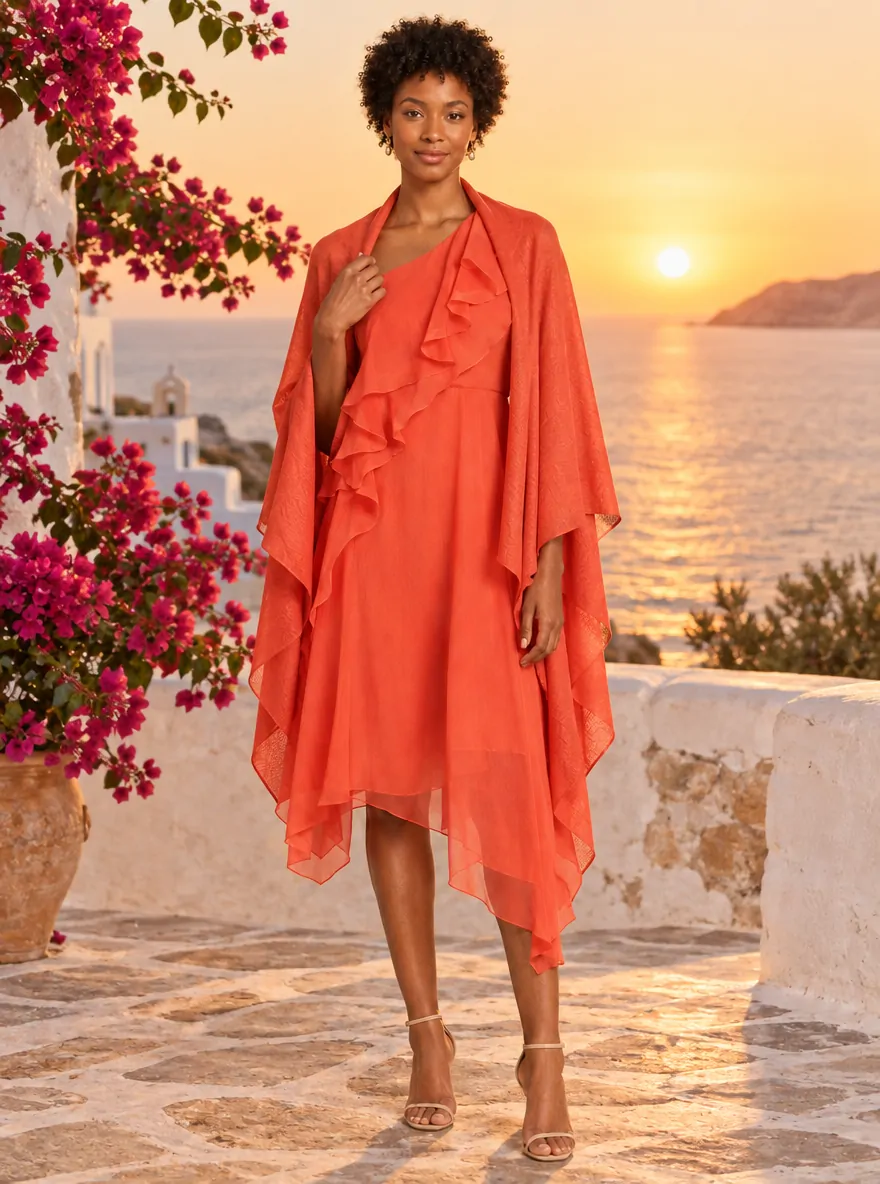 Linen-Blend Fan Wrap · Coral, worn with a matching dress (dress sold separately)
