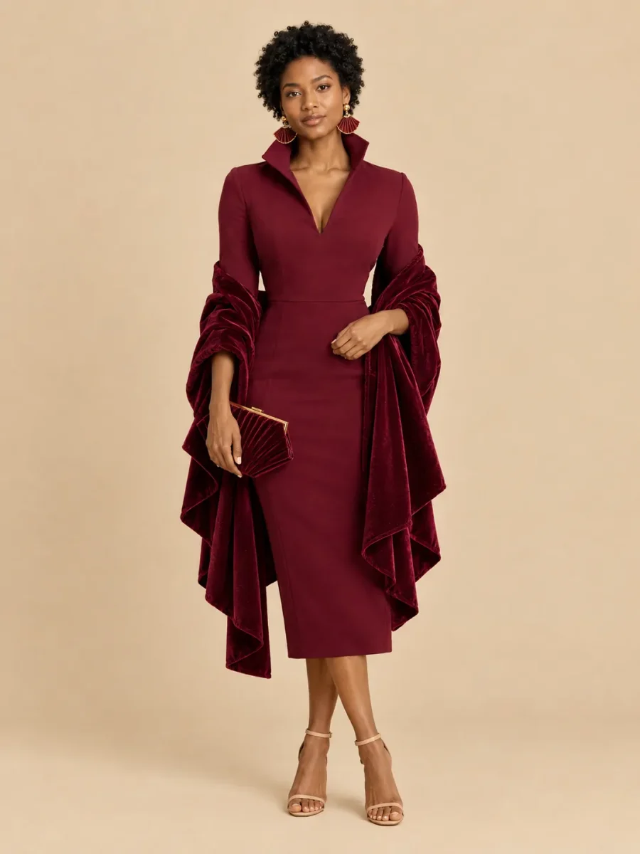 The full Bordeaux look: dress, earrings, wrap and bag