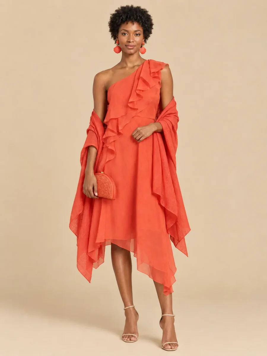 The full Coral look: dress, earrings, wrap and bag