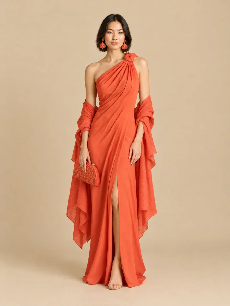 The full Coral look: dress, earrings, wrap and bag