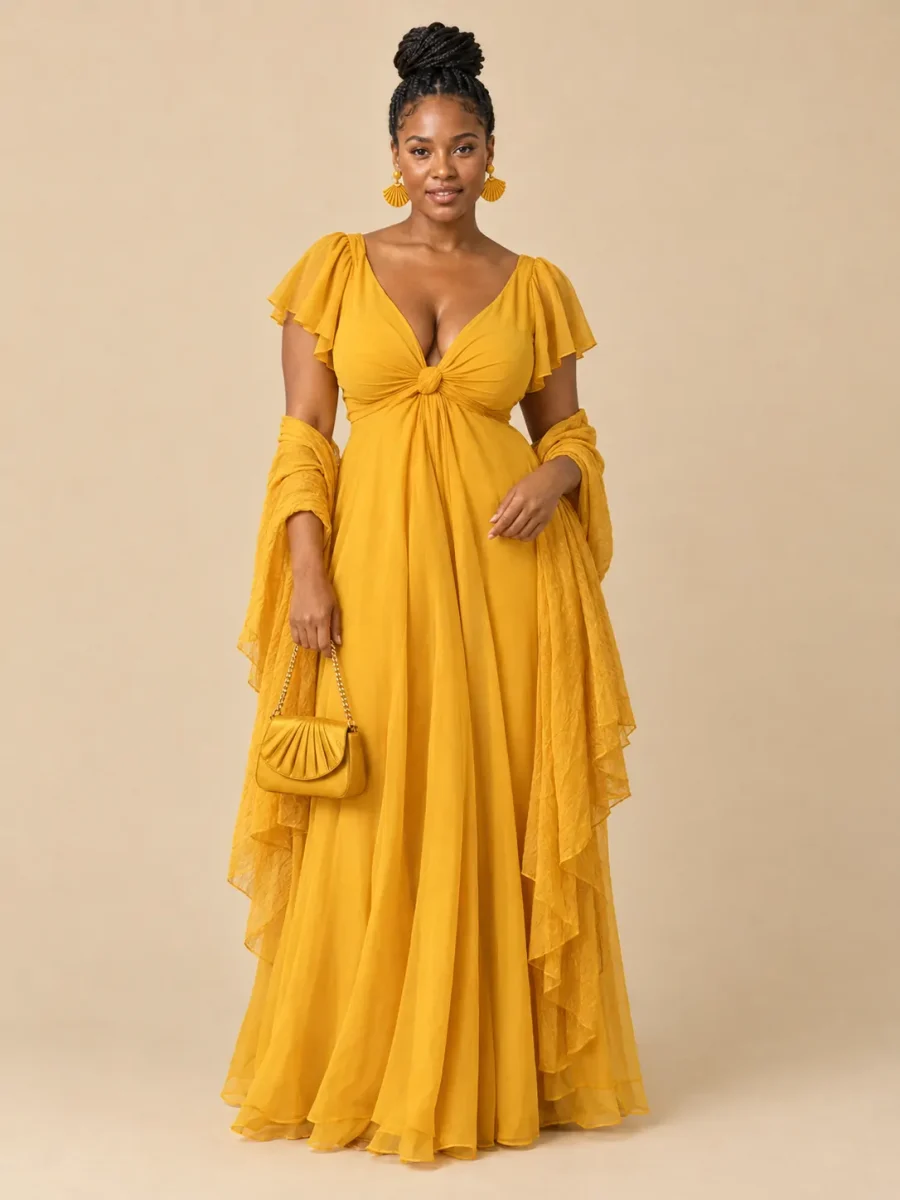 The full Marigold look: dress, earrings, wrap and bag