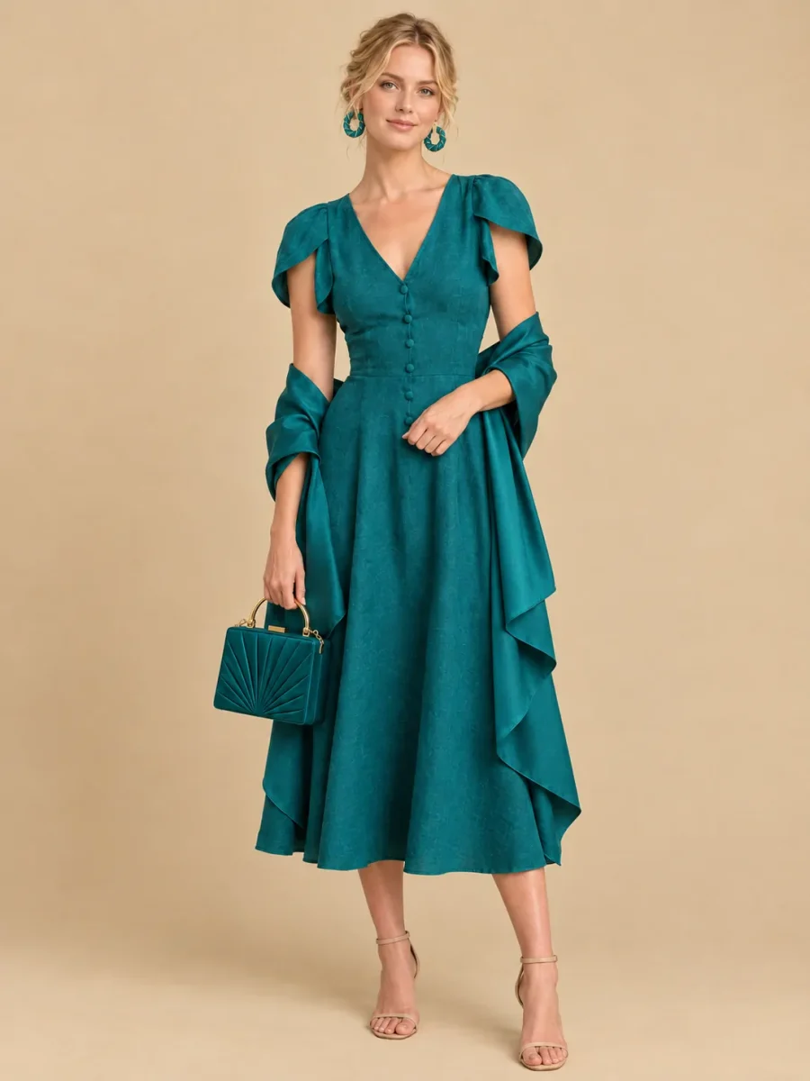The full Lagoon look: dress, earrings, wrap and bag