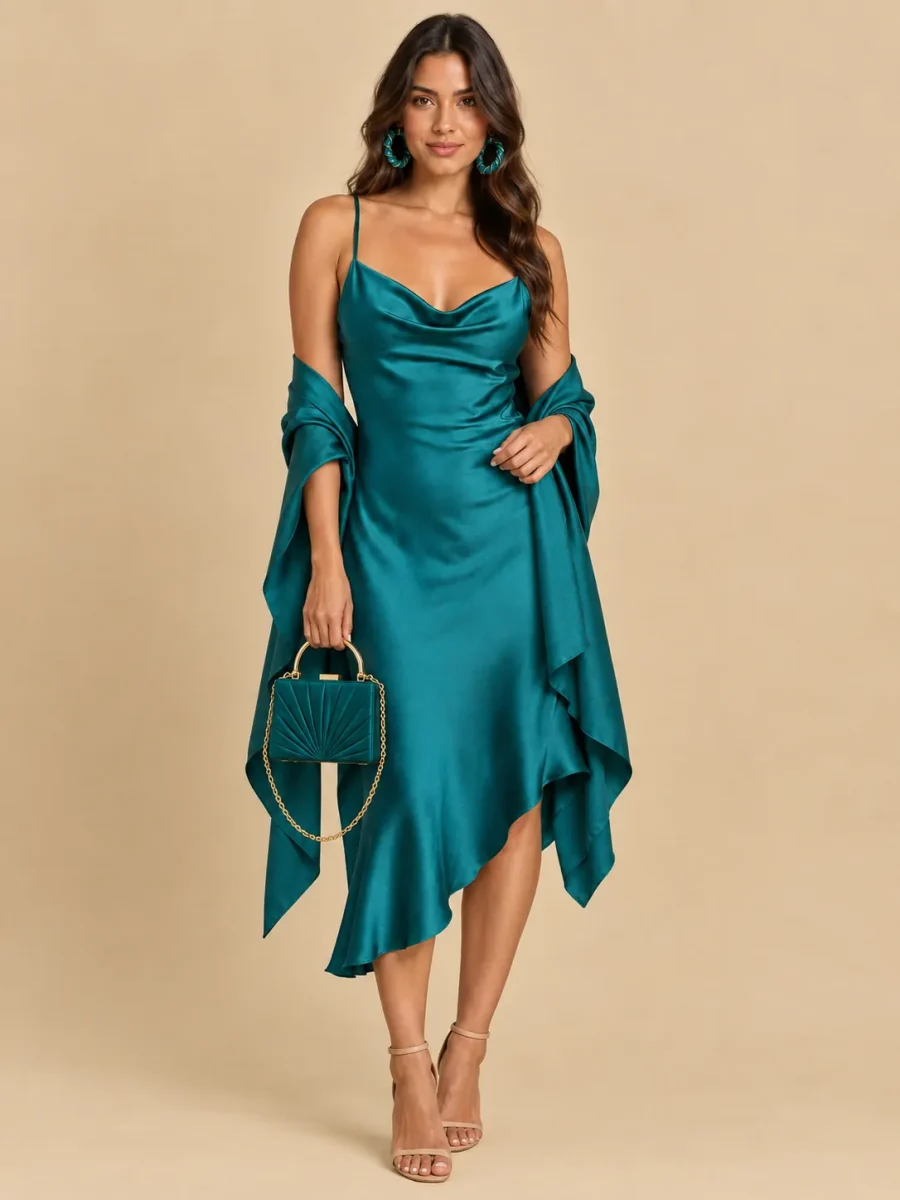 The full Lagoon look: dress, earrings, wrap and bag