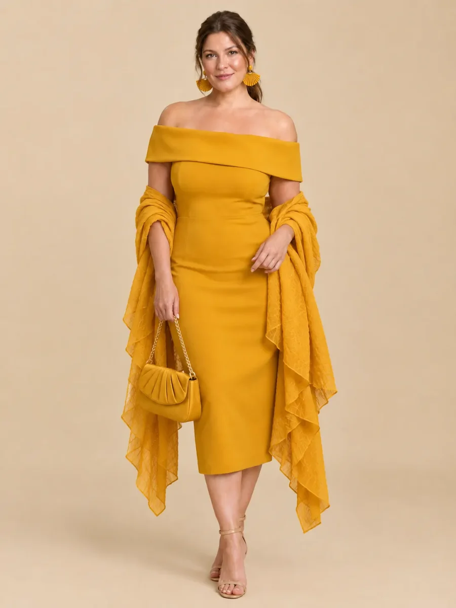 The full Marigold look: dress, earrings, wrap and bag