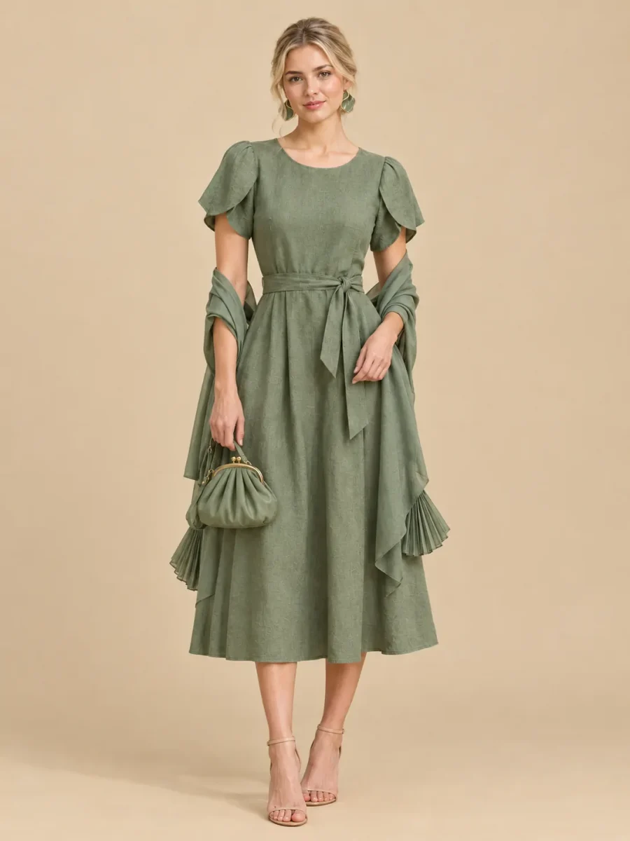 The full Sage look: dress, earrings, wrap and bag
