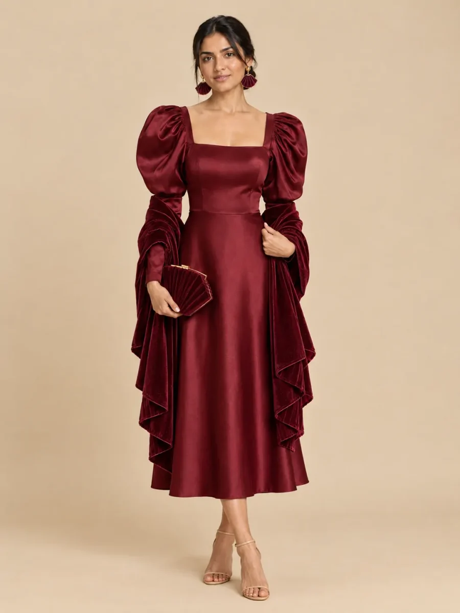 The full Bordeaux look: dress, earrings, wrap and bag