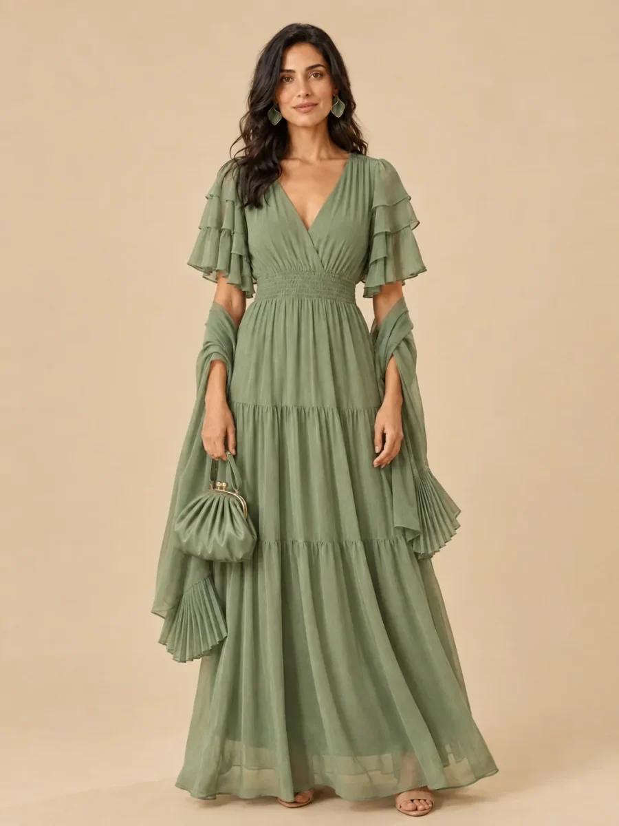 The full Sage look: dress, earrings, wrap and bag