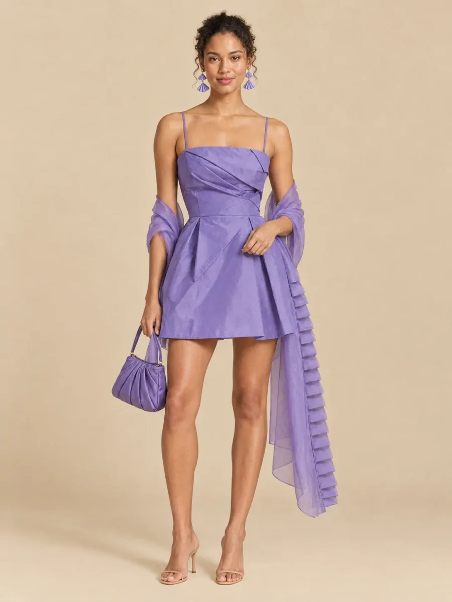 The full Wisteria look: dress, earrings, wrap and bag