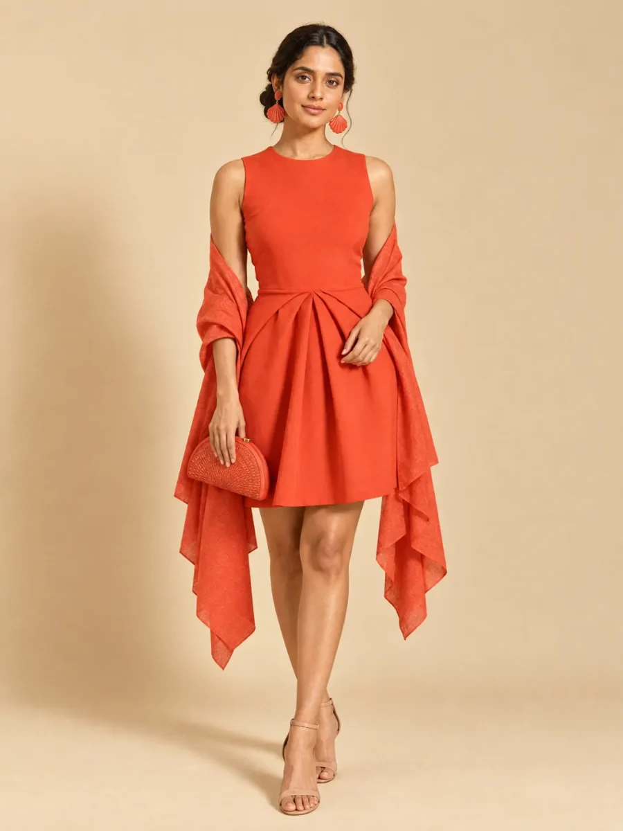 The full Coral look: dress, earrings, wrap and bag