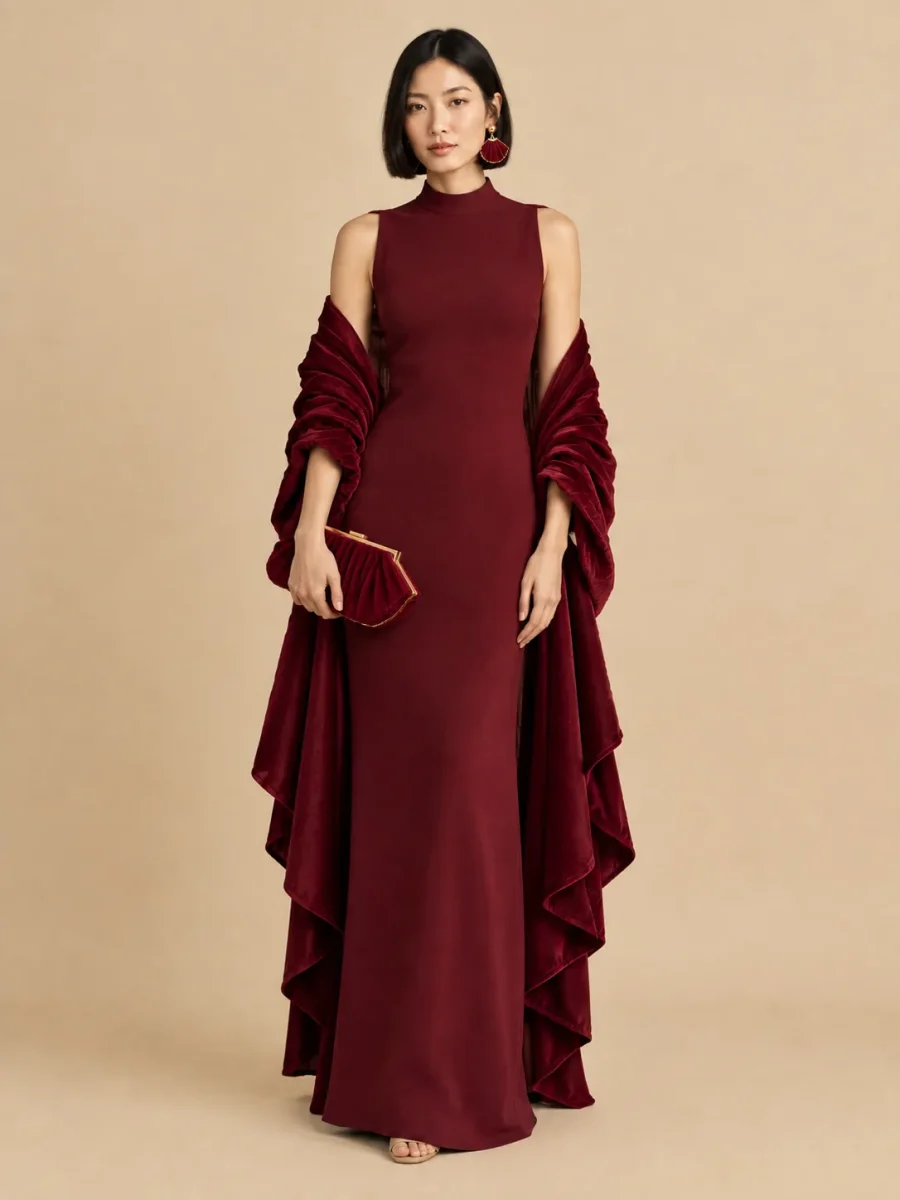 The full Bordeaux look: dress, earrings, wrap and bag