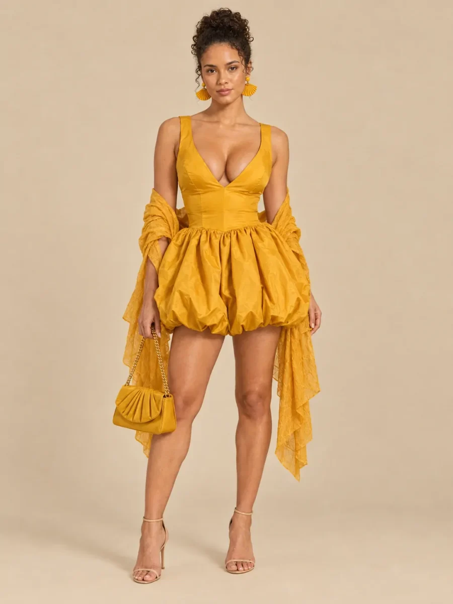 The full Marigold look: dress, earrings, wrap and bag