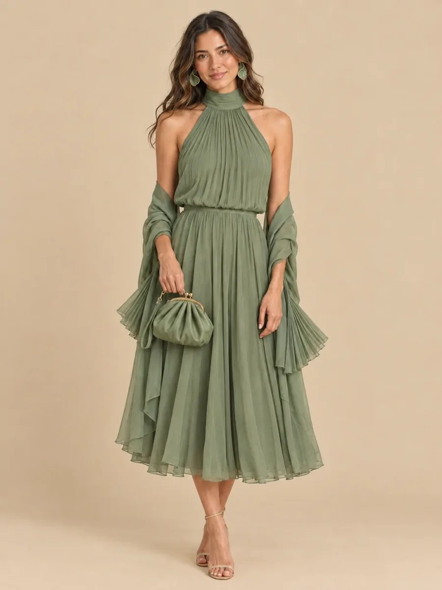 The full Sage look: dress, earrings, wrap and bag