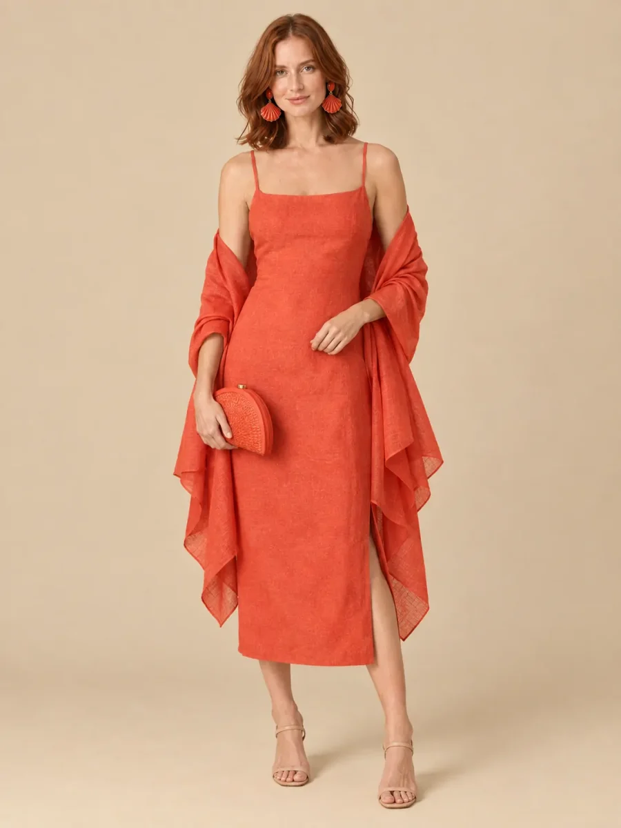 The full Coral look: dress, earrings, wrap and bag