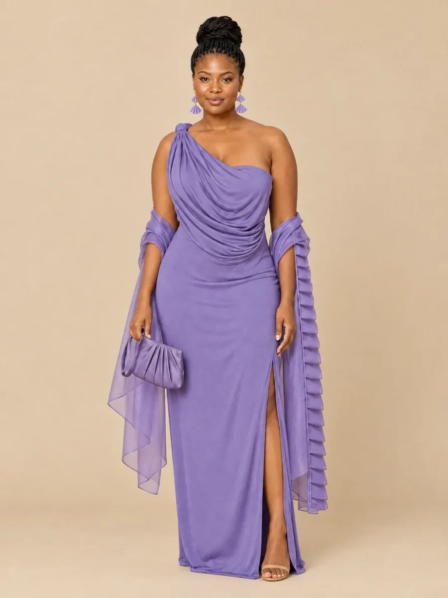The full Wisteria look: dress, earrings, wrap and bag