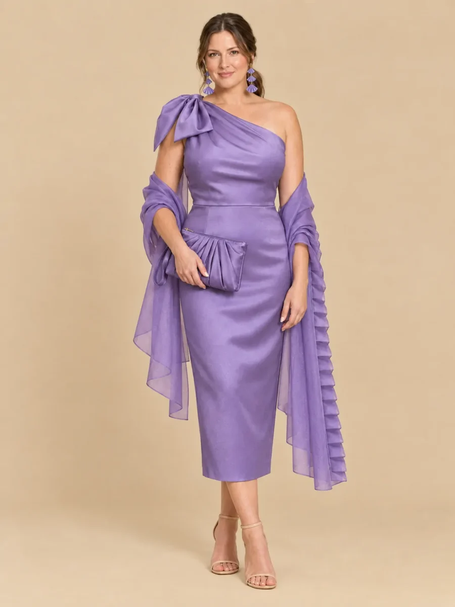 The full Wisteria look: dress, earrings, wrap and bag