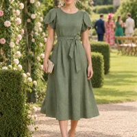 Meadow Tulip-Sleeve Midi Dress, worn at a wedding