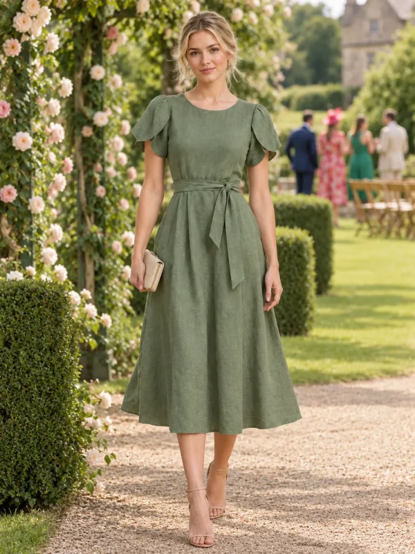 Meadow Tulip-Sleeve Midi Dress, worn at a wedding
