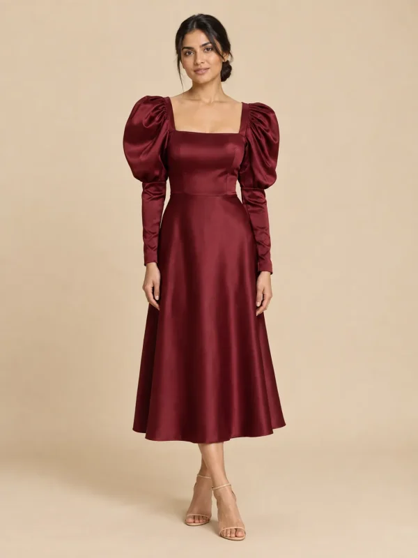 Opera Leg-of-Mutton Sleeve Midi Dress, front view