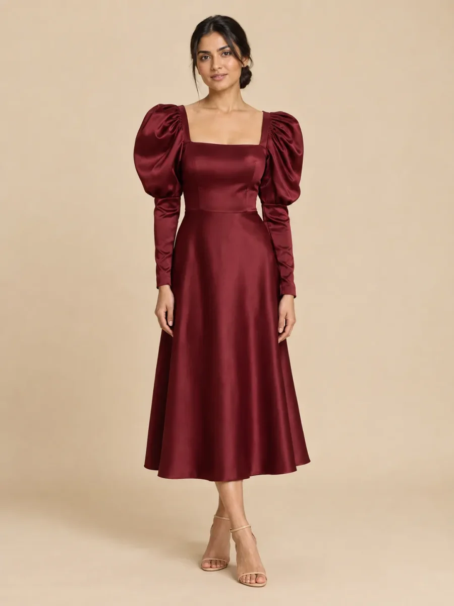 Opera Leg-of-Mutton Sleeve Midi Dress, front view