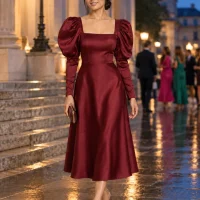 Opera Leg-of-Mutton Sleeve Midi Dress, worn at a wedding
