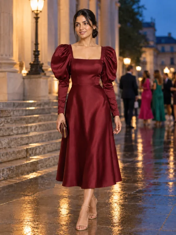 Opera Leg-of-Mutton Sleeve Midi Dress, worn at a wedding