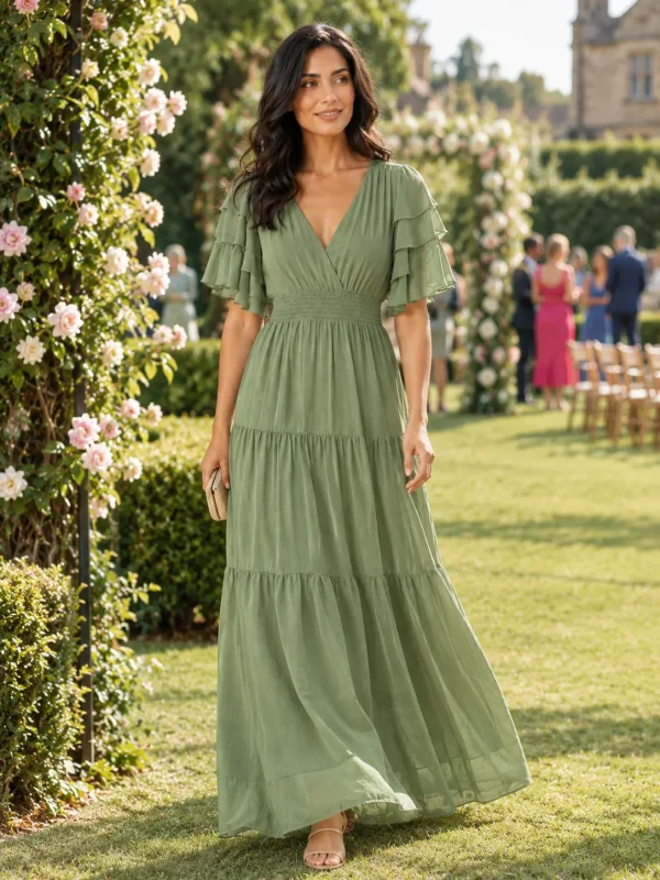 Orchard Tiered-Sleeve Maxi Dress, worn at a wedding