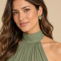 Petal Fold Studs · Sage, worn with a matching dress (dress sold separately)